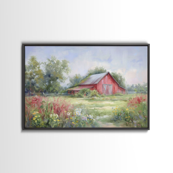 Old Red Barn Rustic Art, Framed Canvas Print Of An Original Art Watercolor Painting, Cottage Core Decor, Whimsical Kitsch Living Room Art