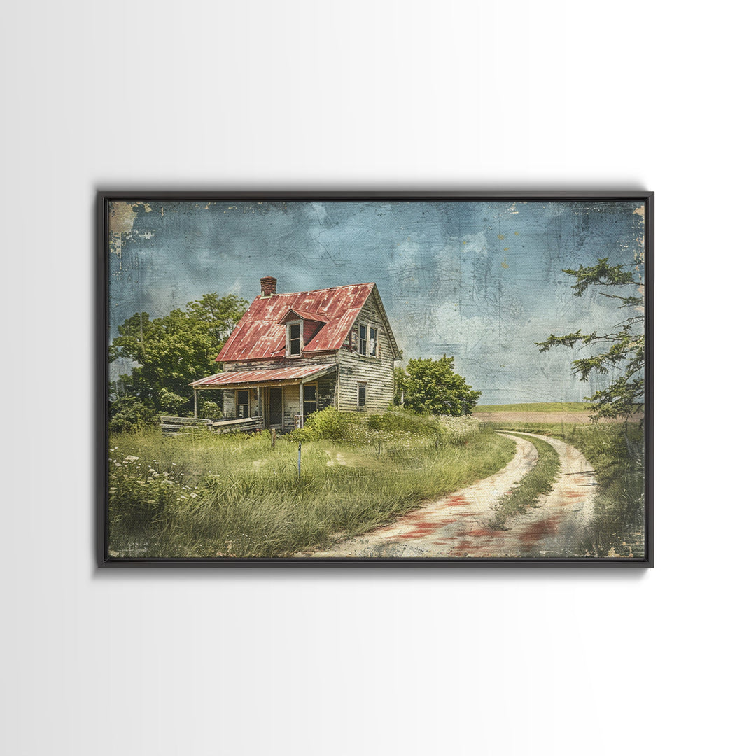 Watercolor Painting Of An Old Red Farmhouse, Framed Canvas Print, Wall Art Prints, Rustic Farmhouse Decor, Minimalist Art, Kitsch Decor