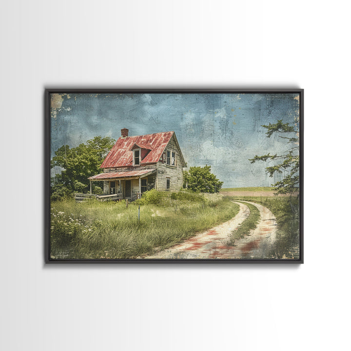 Watercolor Painting Of An Old Red Farmhouse, Framed Canvas Print, Wall Art Prints, Rustic Farmhouse Decor, Minimalist Art, Kitsch Decor