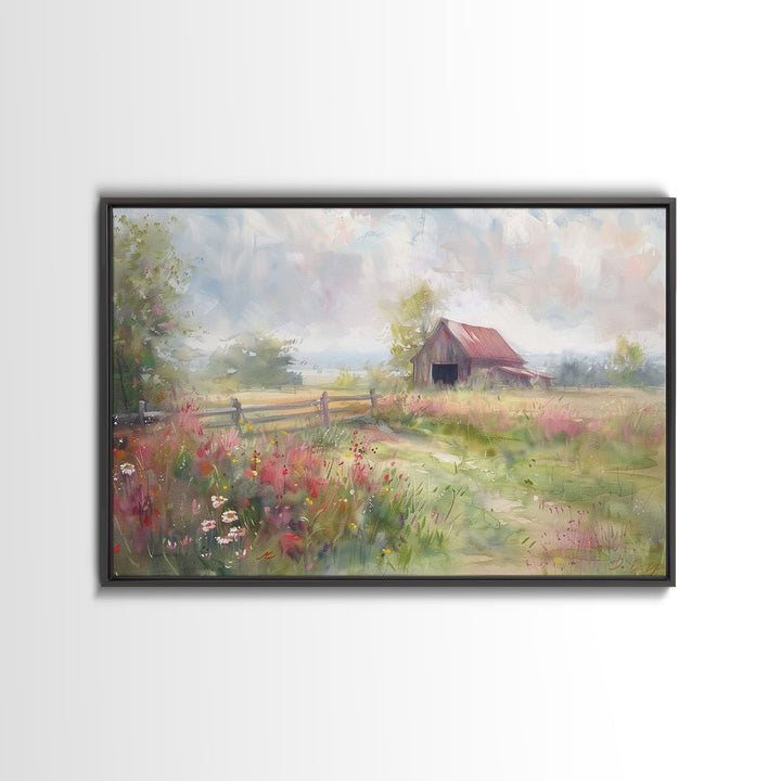 Farm Art, Framed Canvas Print, Rustic Watercolor Painting Of An Old Barn, Farmhouse Color Palette, Boho Decor