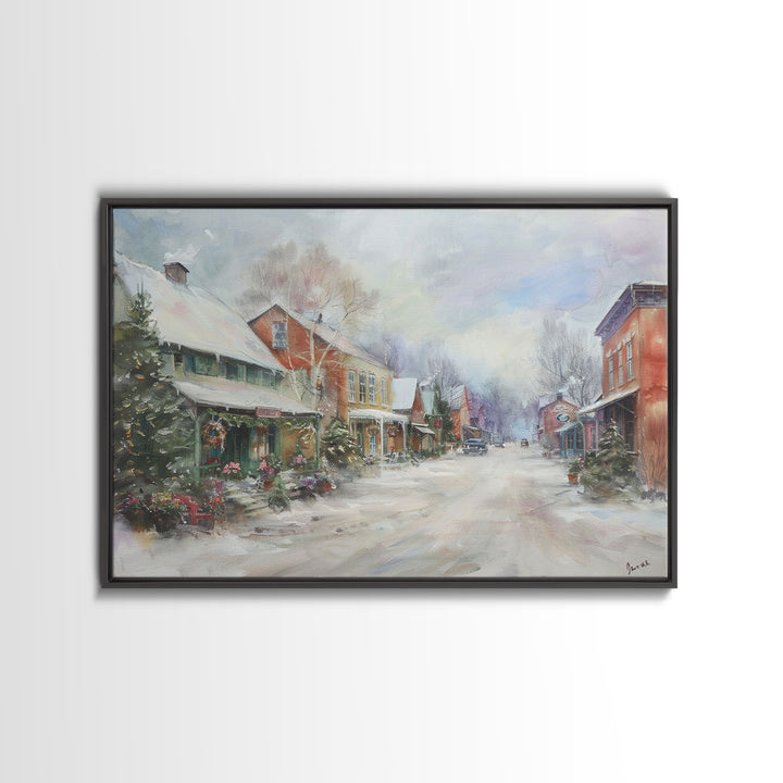 Small Town America At Christmas Time, Framed Canvas Print, Winter Scenary Wall Decor, Folk Art Framed Canvas, Metal Wall Art Living Room