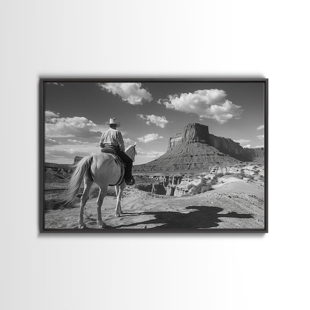 Lonesome Canyon Arizona Framed Canvas Print, Cowboy Print, Black and White Photography Wall Art, Country Farmhouse Decor, Metal Print