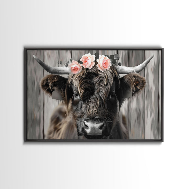 Framed Canvas Wall Art, Cute Highland Cow Print, Modern Wall Art Farmhouse Decor, Fun Rustic Farmhouse Art, Life On The Farm, Cow and Flower