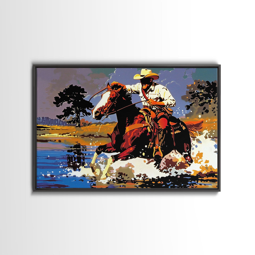 Cowboy Crossing The Colorado River, Arizona Print, Original Painting Framed Canvas Print, Western Home Decor, Wild West Art