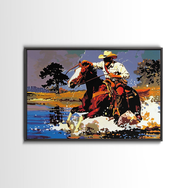 Cowboy Crossing The Colorado River, Arizona Print, Original Painting Framed Canvas Print, Western Home Decor, Wild West Art