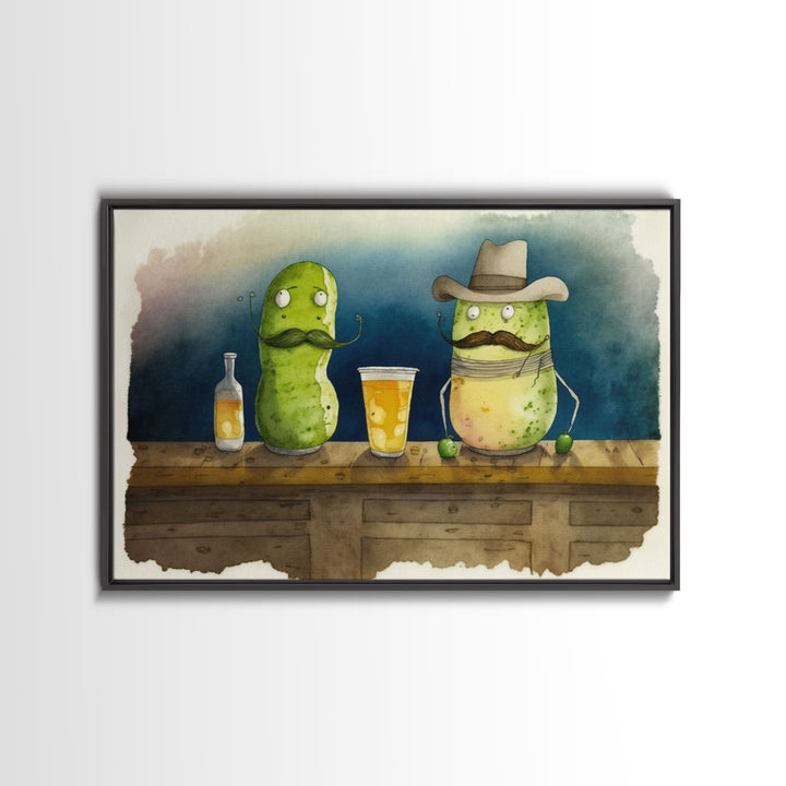 Funny Pickles In A Bar, Watercolor Painting Print, Framed Wall Art, Funny Decor, Kitsch Art, Framed Canvas Pickle Art