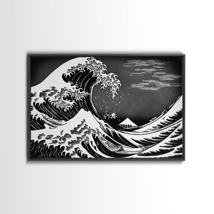 Black and White Wave Canvas Print, Hokusai Inspired Wall Art, Woodblock Print Style, Wall Art, Vintage Style Wall Art