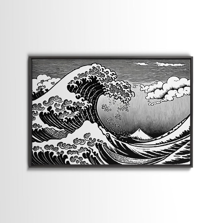 Black and White Wave Canvas Print, Hokusai Inspired Wall Art, Japanese Style Wall Art, Living Room Home Decor, Unique Wall Art