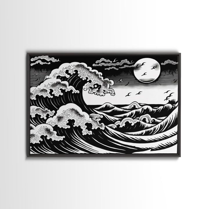 Black and White Wave Canvas Print, Hokusai Inspired Wall Art, Woodblock Print Style, Wall Art, Vintage Style Wall Art