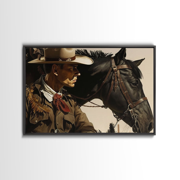 Vintage Cowboys Painting Print Horse Wall Art Canvas Hunting Southwest Sketch Drawing Poster Framed Antique Country Rustic Farmhouse Decor