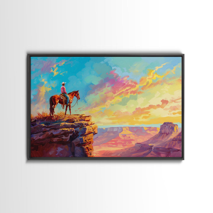 Framed Wall Art Giclée Fine Art Print, Watercolor Painting of A Cowboy On A Mountain Ridge, Rustic Western Decor, Country Decor, Metal Print