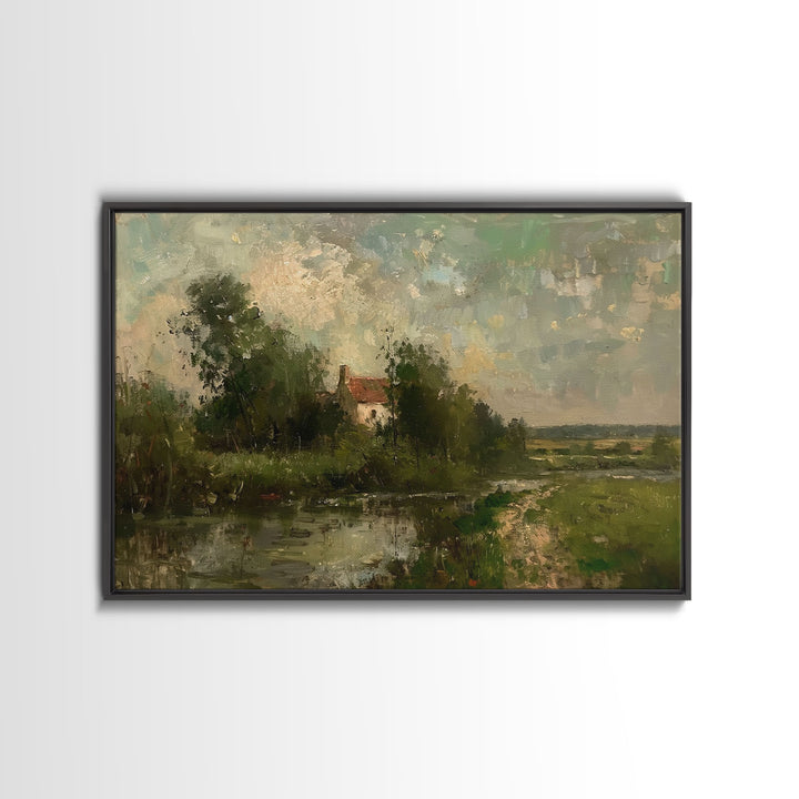 Slightly Scorched Vintage Landscape Painting Canvas Print - Farmhouse Painting - Wall Art - Large Print