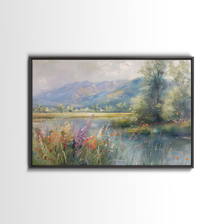 Dutch Landscape With Lake Framed Canvas Print Oil Painting, Wood Frame Wall Art, Cottage Core, Farmhouse Decor, Living Room Art