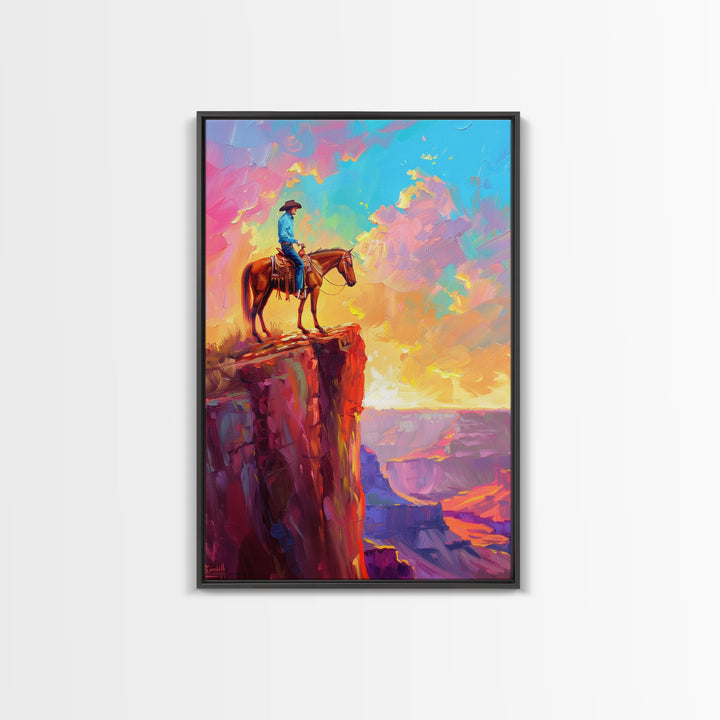 Cowboy on Horse at Sunrise - Colorful Western Landscape Painting, Sunrise Wall Art, Living Room Decor, Cowboy Canvas Print