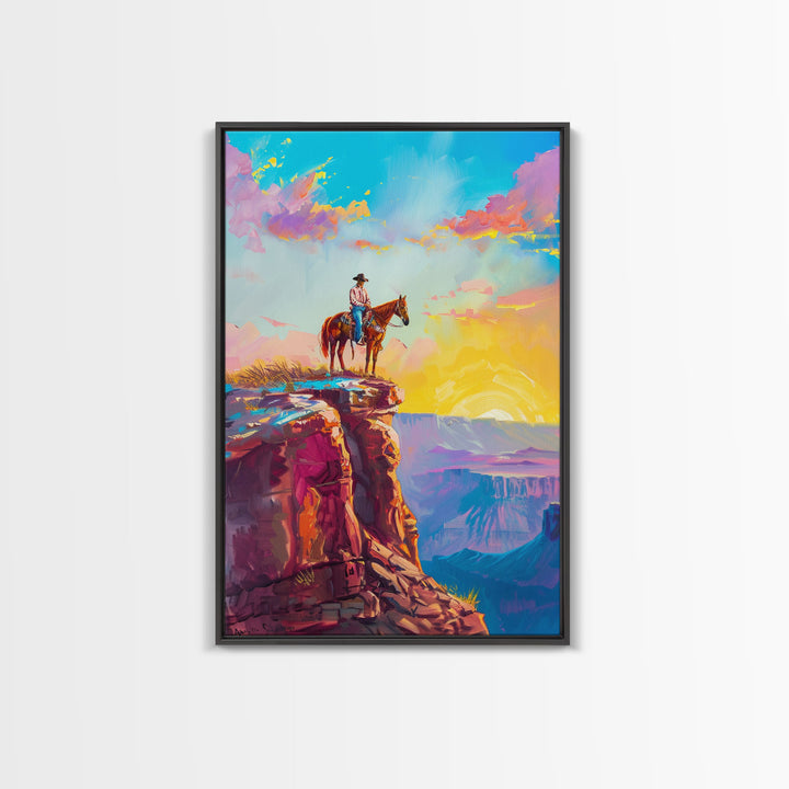 Cowboy on Cliff Edge at Sunrise - Colorful Western Landscape Painting, Framed Canvas Print, Sunrise Wall Art, Living Room Decor