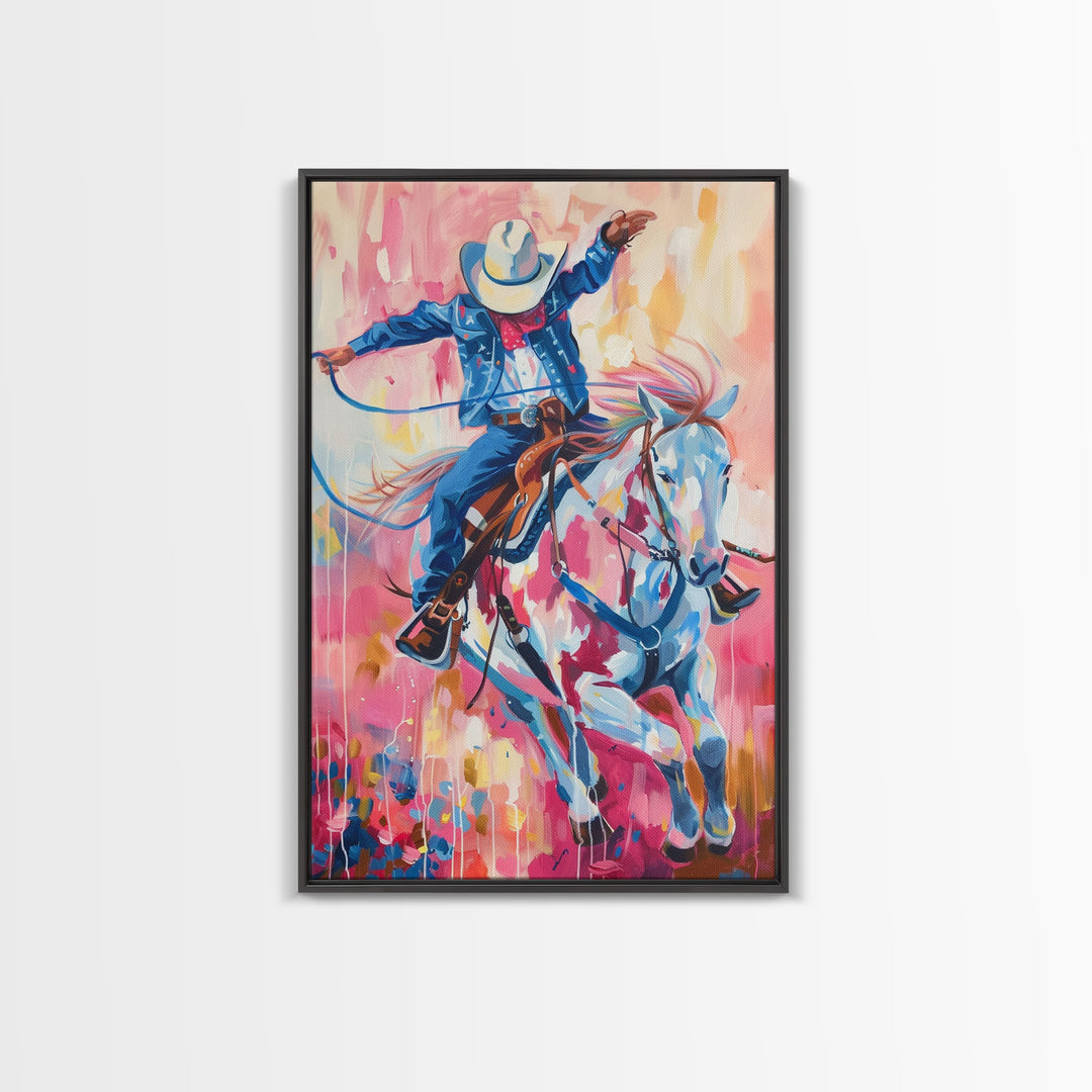 Energetic Cowboy on Horseback - Vibrant Western Art, Framed Canvas Print, Living Room Decor, Cowboy Rodeo Painting, Colorful Wall Art