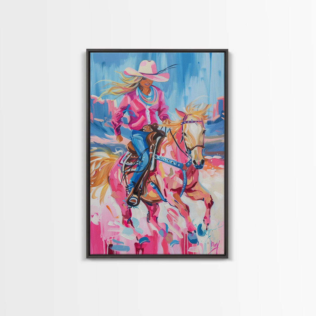 Dynamic Cowgirl and Horse - Colorful Western Art, Framed Canvas Print, Living Room Decor, Cowgirl Painting, Vibrant Wall Art