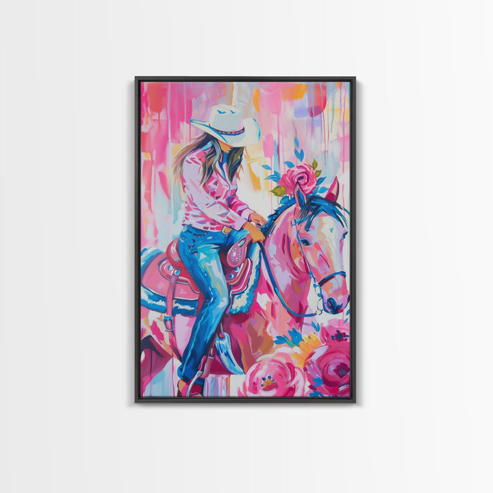 Cowgirl with Floral Horse - Colorful Western Art, Framed Canvas Print, Living Room Decor, Cowgirl Painting, Vibrant Wall Art