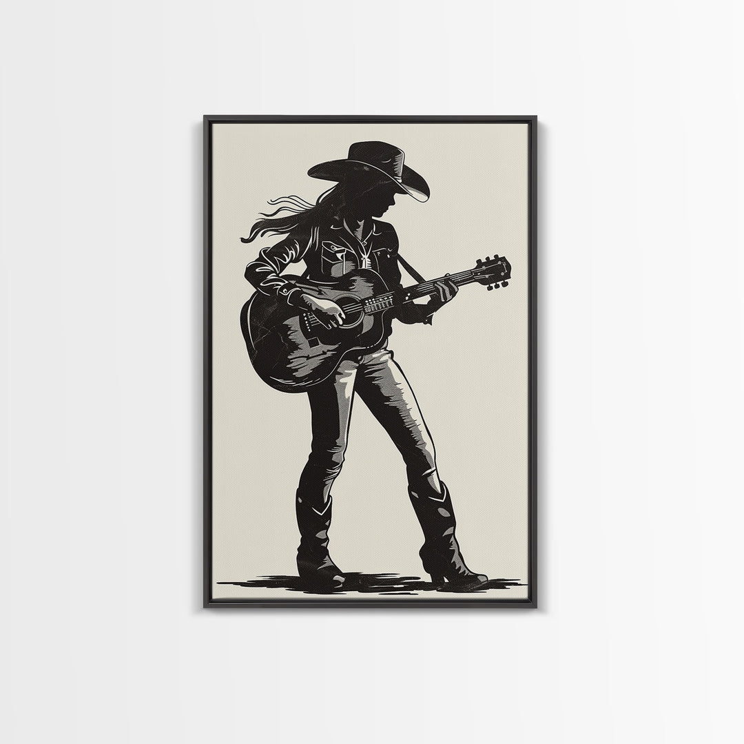 Cowgirl Guitarist Silhouette Art Print, Retro Western Framed Canvas, Vintage Country Music Art, Unique Wall Decor for Home