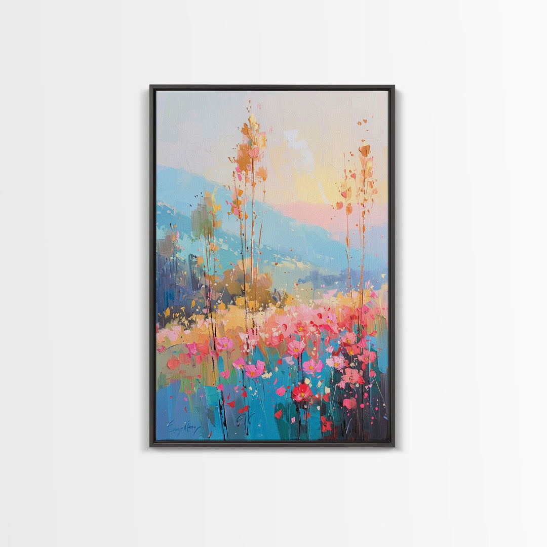 Serene Meadow Landscape at Sunrise - Framed Canvas Print, Tranquil Living Room Art, Peaceful Bedroom Decor, Pastel Flower Art, Wall Art