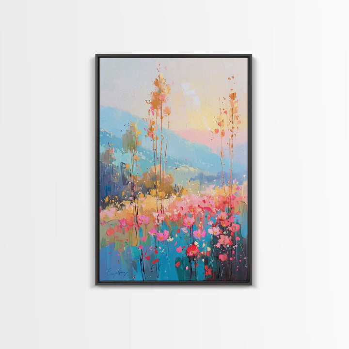 Serene Meadow Landscape at Sunrise - Framed Canvas Print, Tranquil Living Room Art, Peaceful Bedroom Decor, Pastel Flower Art, Wall Art