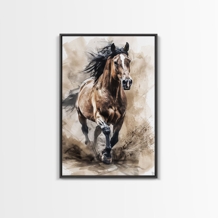 Powerful Horse Galloping - Framed Canvas Print, Dynamic Living Room Art, Energetic Bedroom Decor, Equestrian Art, Wall Art