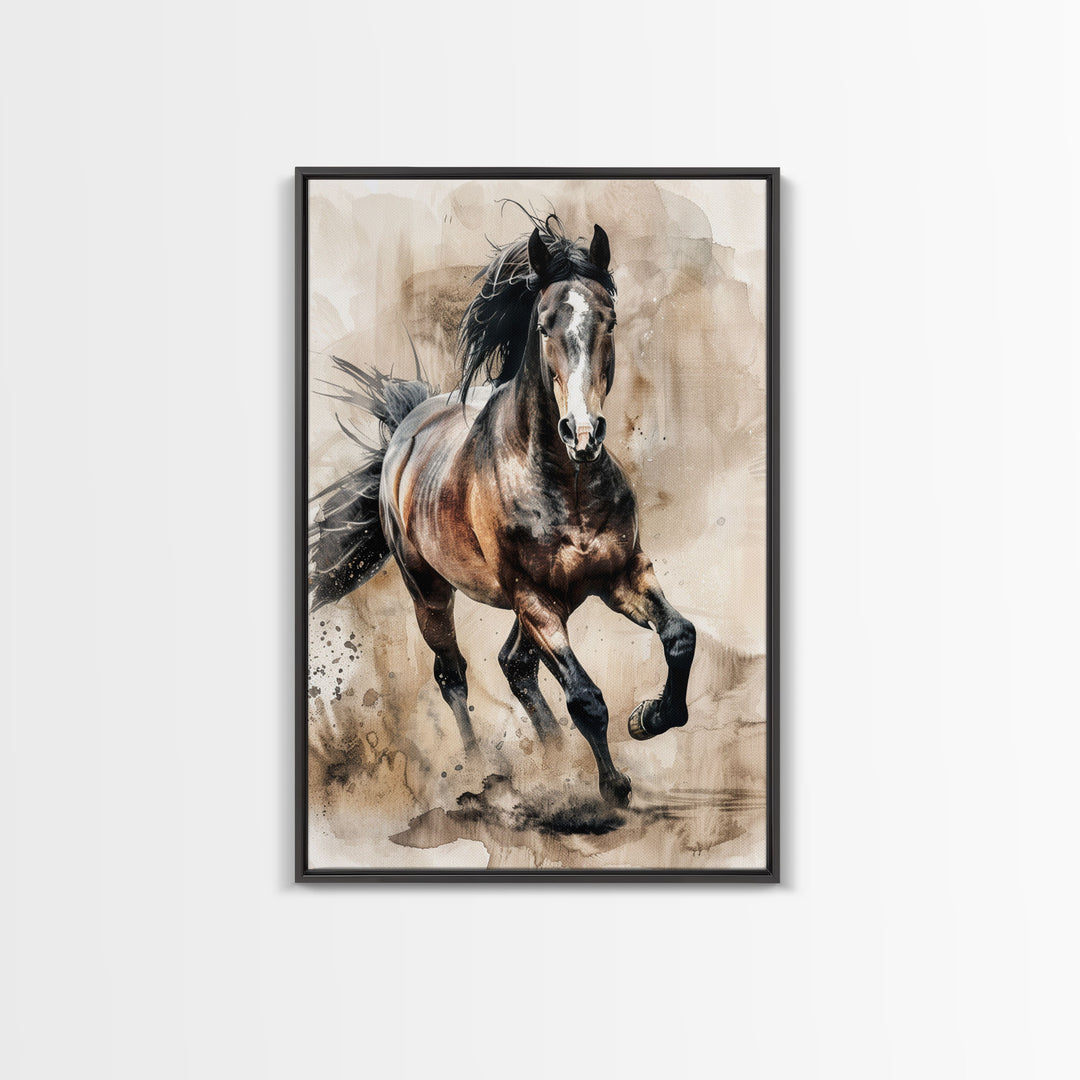 Running Horse in Motion - Framed Canvas Print, Lively Living Room Art, Vibrant Bedroom Decor, Equestrian Art, Wall Art