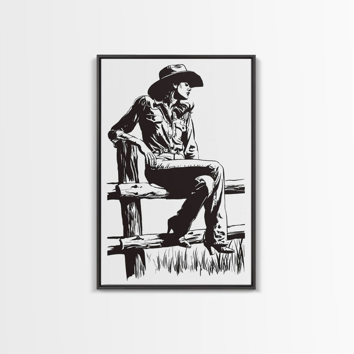 Cowgirl Resting on Fence Art Print, Western Silhouette Framed Canvas, Vintage Cowgirl Artwork, Rustic Home Decor