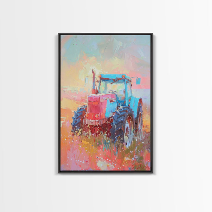 Colorful Tractor in Pastel Field - Framed Canvas Print, Farmhouse Living Room Art, Rustic Bedroom Decor, Rural Art, Wall Art