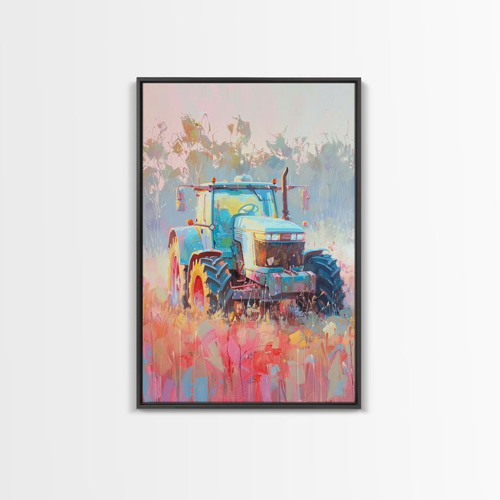 Farm Tractor in Vibrant Meadow - Framed Canvas Print, Countryside Living Room Art, Pastel Bedroom Decor, Rural Art, Wall Art