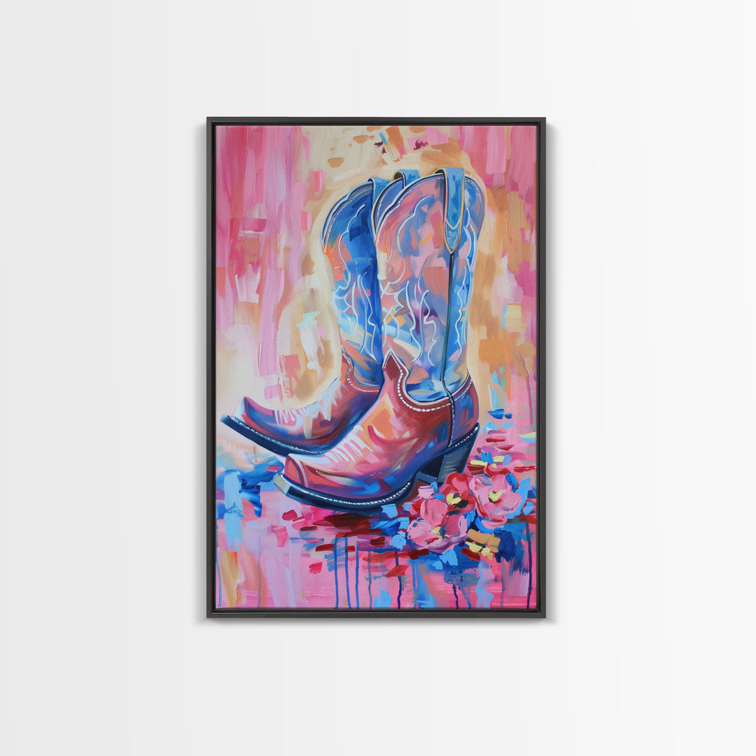 Bright Western Cowboy Boots Art with Floral Accents - Framed Canvas Print, Rustic Wall Art, Colorful Boot Decor for Living Room