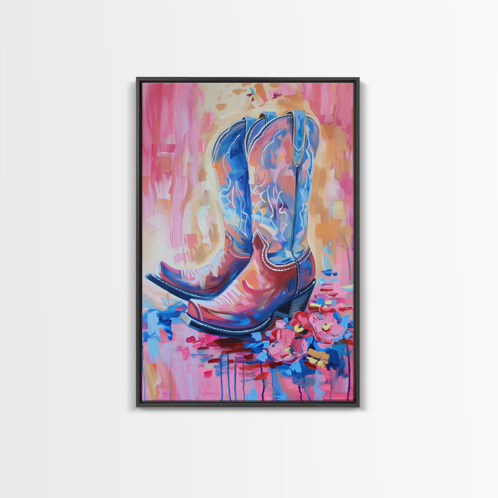 Bright Western Cowboy Boots Art with Floral Accents - Framed Canvas Print, Rustic Wall Art, Colorful Boot Decor for Living Room