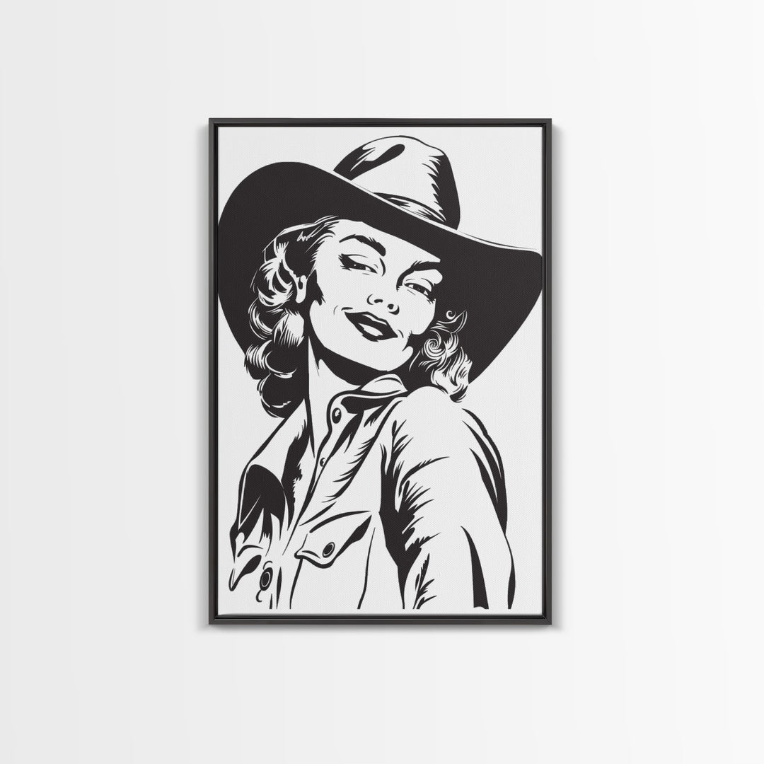 Smiling Cowgirl Portrait Art Print, Western Silhouette Framed Canvas, Vintage Cowgirl Artwork, Unique Wall Decor