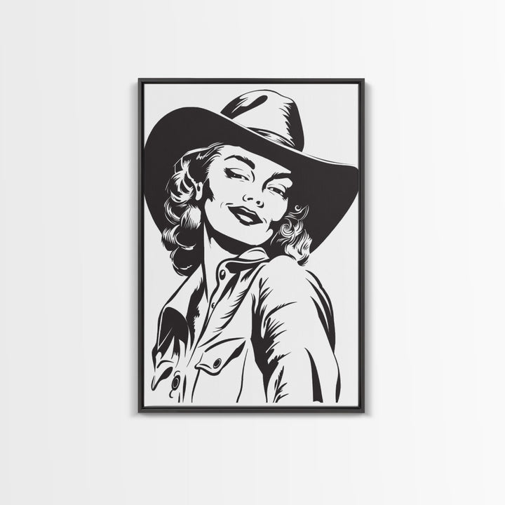 Smiling Cowgirl Portrait Art Print, Western Silhouette Framed Canvas, Vintage Cowgirl Artwork, Unique Wall Decor