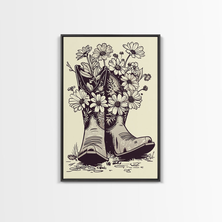 Cowboy Boots with Flowers Art Print, Western Silhouette Framed Canvas, Vintage Floral Boots Art, Unique Home Decor