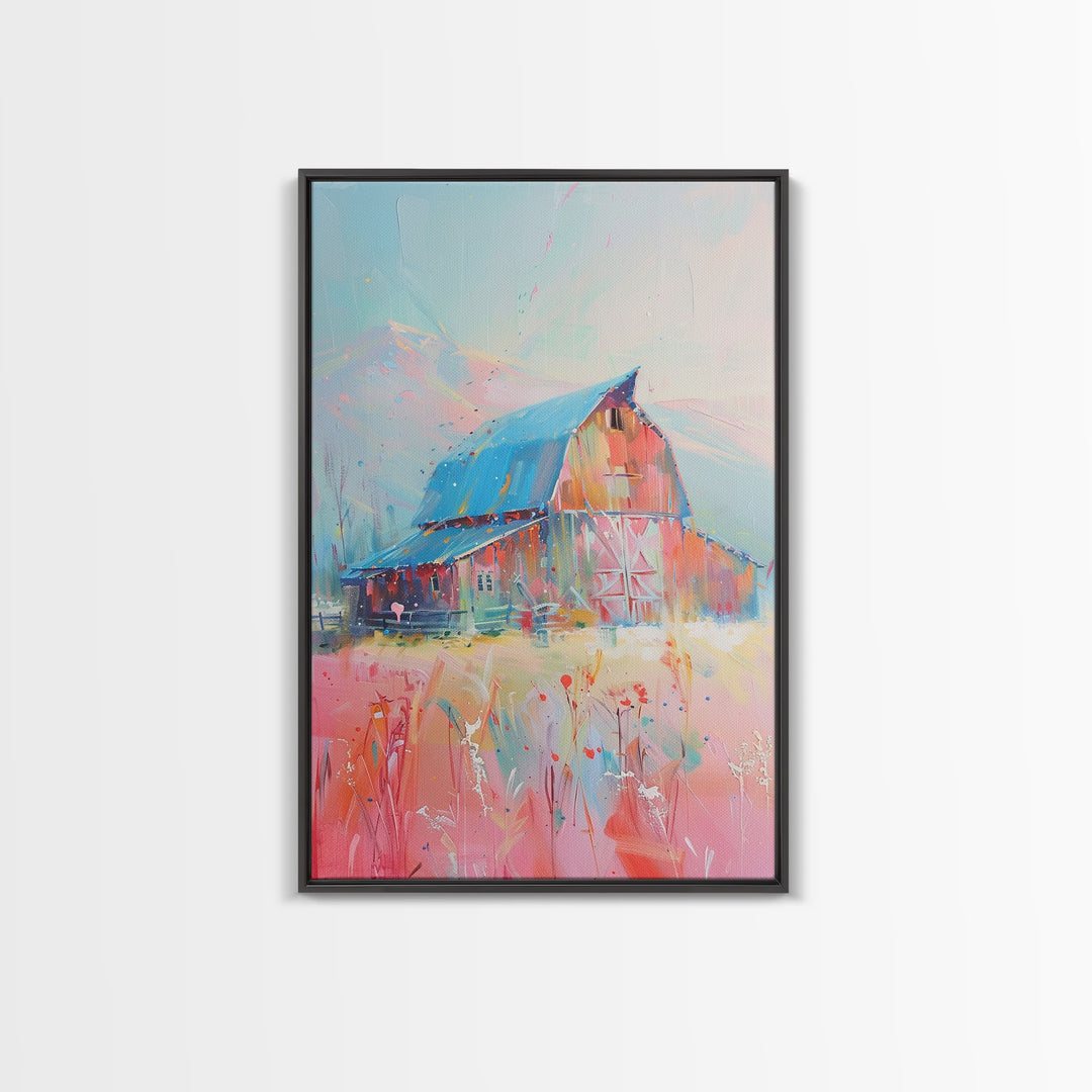 Idyllic Pastel Barn Scene in Vibrant Colors - Framed Canvas Print, Farmhouse Decor, Countryside Art for Bedroom, Rustic Wall Art Living Room