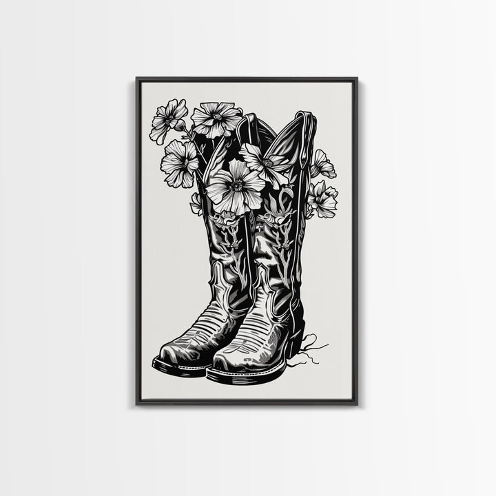 Floral Cowboy Boots Art Print, Retro Western Framed Canvas, Vintage Flower Boots Artwork, Unique Wall Decor for Home
