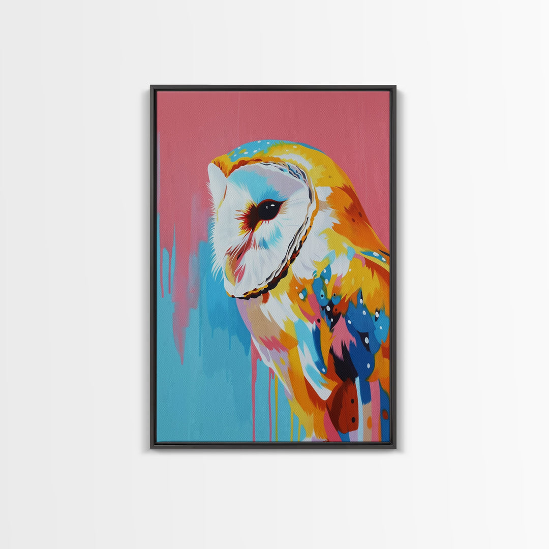 Colorful Owl Pop Art on Pink and Blue Background - Framed Canvas Print, Bird Decor, Owl Art for Living Room, Vibrant Wall Art for Bedroom