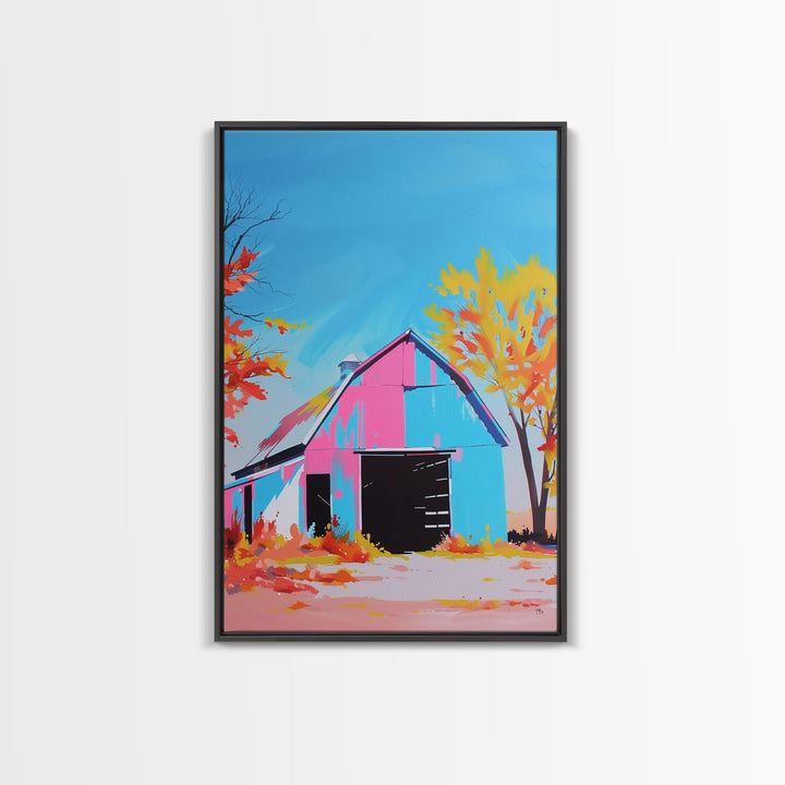 Bright Barn in Autumn Colors with Blue Sky - Framed Canvas Print, Rustic Decor, Barn Art for Living Room, Country Wall Art for Home