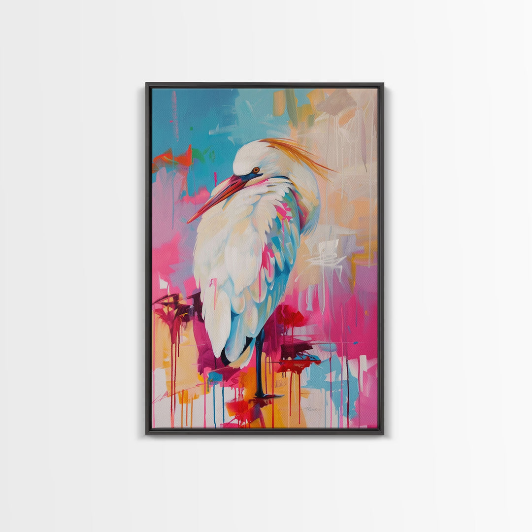 Elegant White Bird in Colorful Abstract Background - Framed Canvas Print, Bird Decor Modern Art for Living Room Vibrant Wall Art for Bedroom