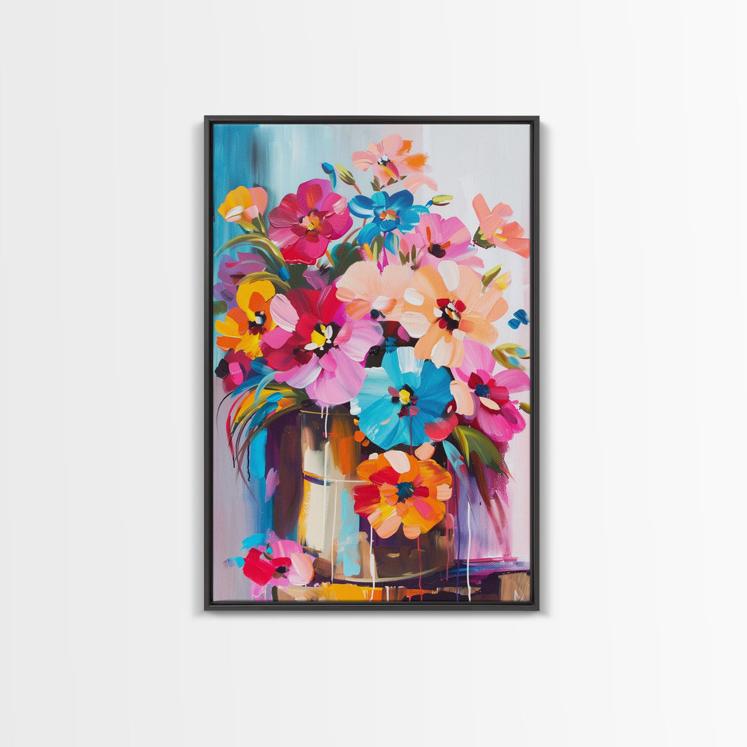 Bold Floral Bouquet in Bright Colors - Framed Canvas Print, Flower Decor, Floral Art for Bedroom, Vibrant Wall Art for Living Room