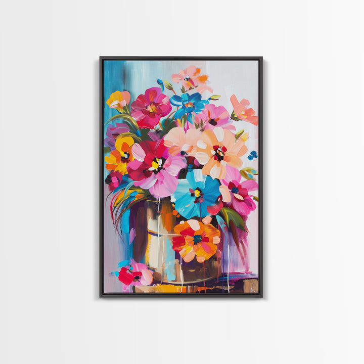 Bold Floral Bouquet in Bright Colors - Framed Canvas Print, Flower Decor, Floral Art for Bedroom, Vibrant Wall Art for Living Room