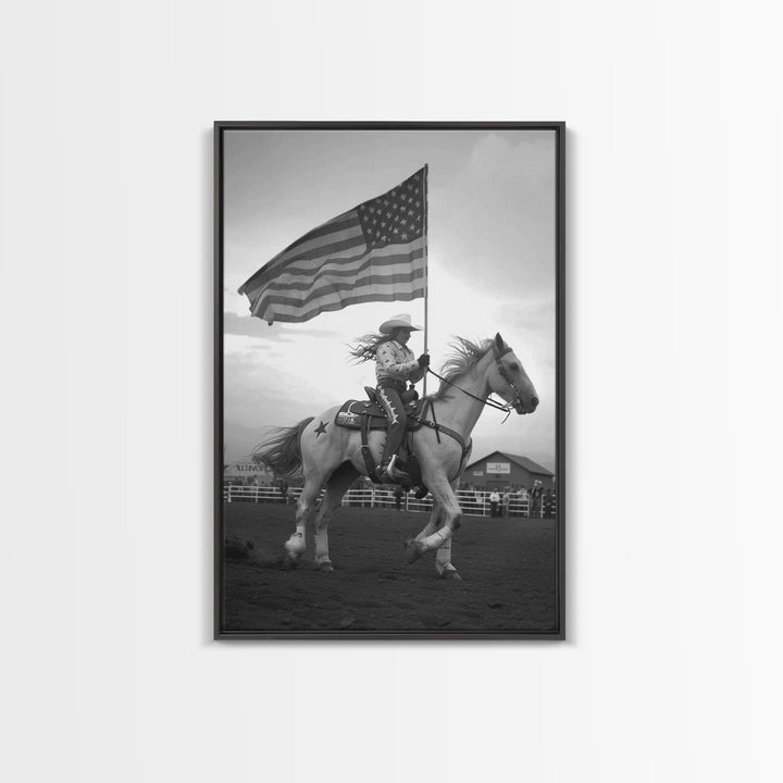 Cowgirl with American Flag Art Print, Western Rodeo Framed Canvas, Vintage Black and White Photography, Unique Home Decor