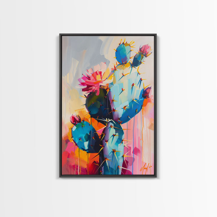 Flowering Cactus Framed Canvas Print - Desert Plant Wall Art, Living Room Decor, Modern Artwork, Unique Succulent Art for Bedroom and Office
