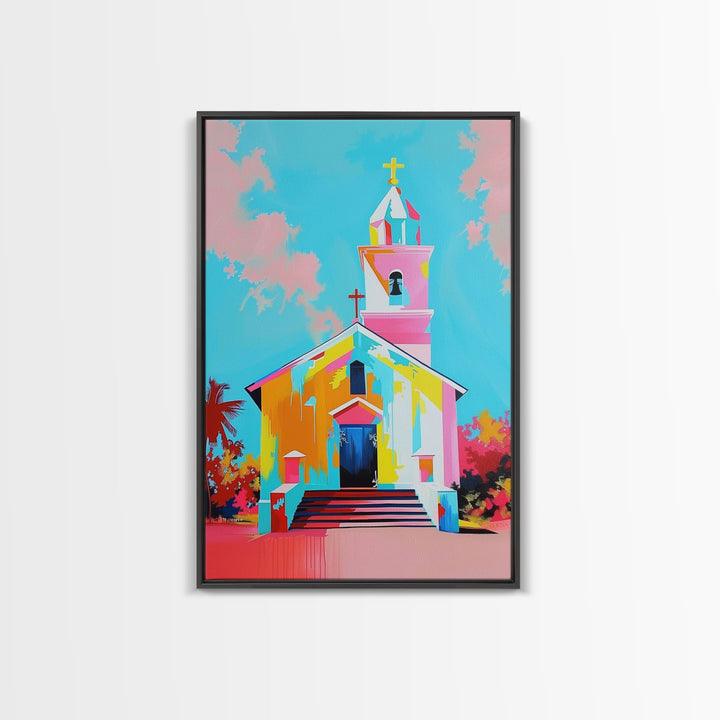 Vibrant Church Art in Pastel Hues - Framed Canvas Print, Colorful Religious Decor, Contemporary Church Wall Art for Living Room or Bedroom