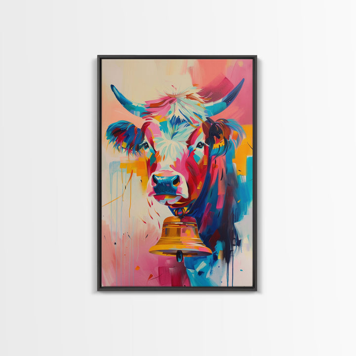 Expressive Cow Art in Bold Hues - Framed Canvas Print, Colorful Animal Decor, Modern Farmhouse Wall Art for Living Room or Bedroom