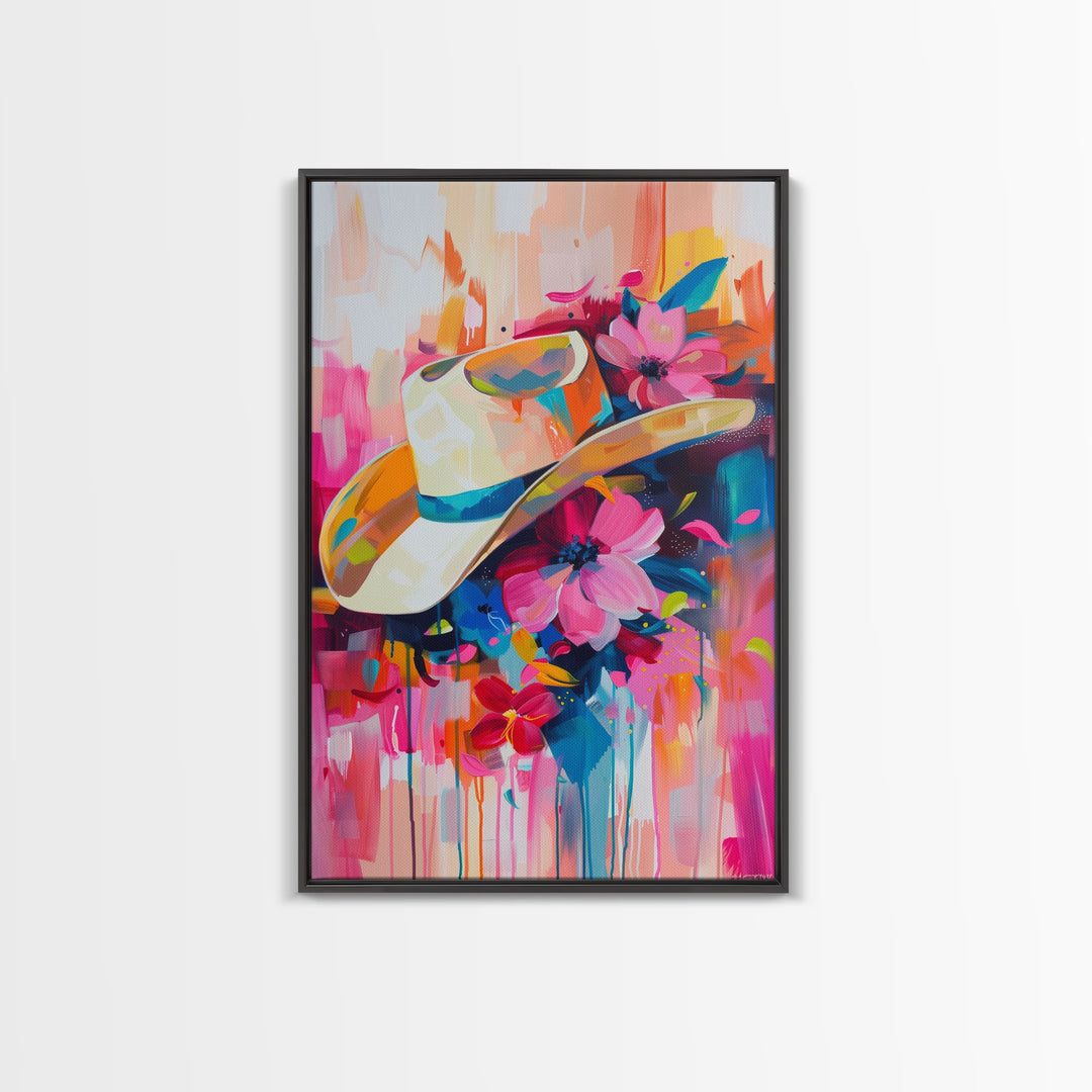 Cowboy Hat with Flowers in Bold Colors - Framed Canvas Print, Vibrant Western Decor, Colorful Hat Wall Art for Living Room or Bedroom