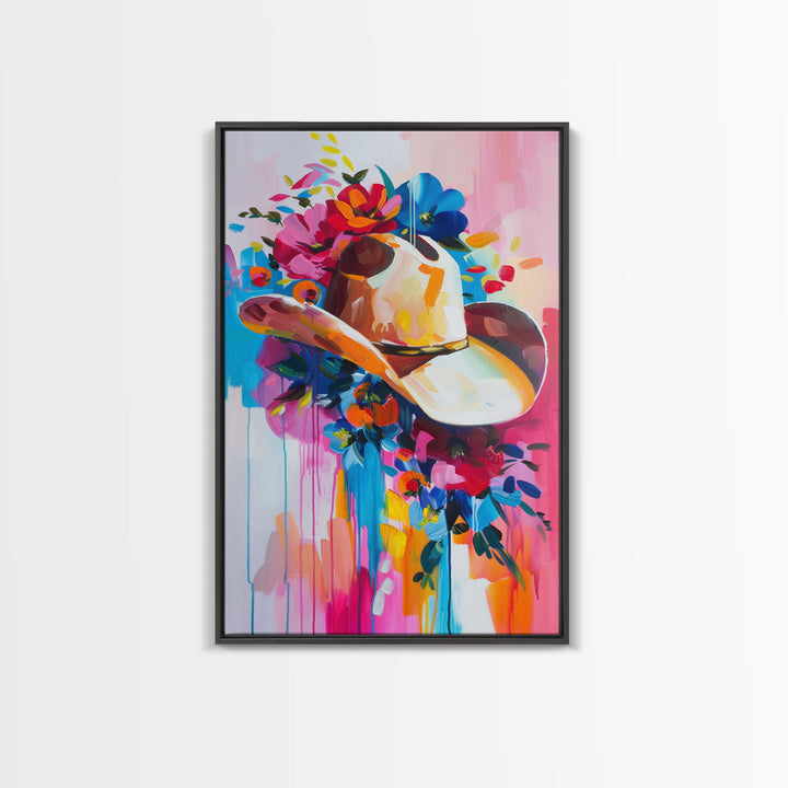 Colorful Cowboy Hat with Floral Accents - Framed Canvas Print, Modern Western Decor, Bold Hat Wall Art for Living Room or Bedroom
