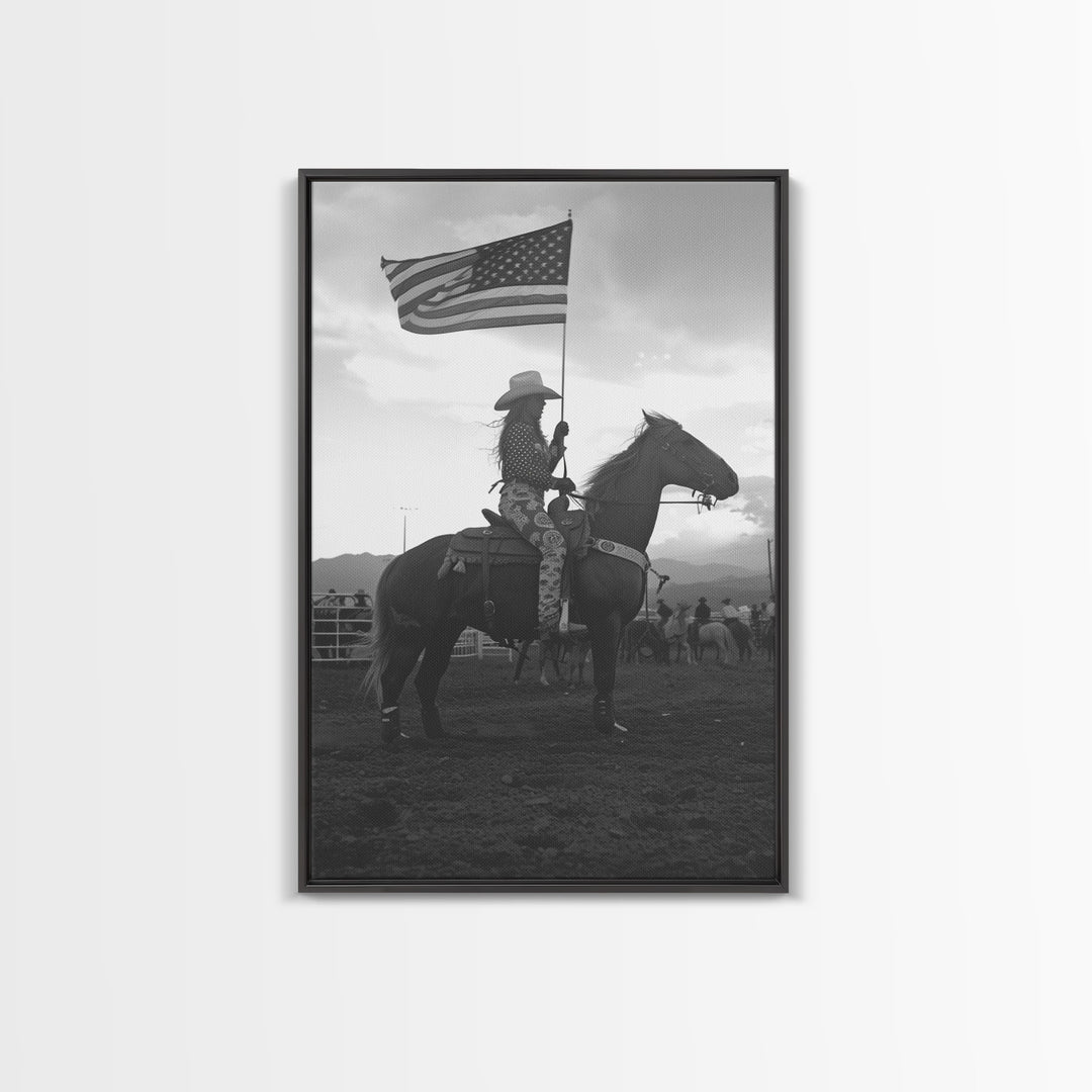Cowgirl Riding with Flag Art Print, Western Rodeo Framed Canvas, Vintage Black and White Photography, Unique Home Decor