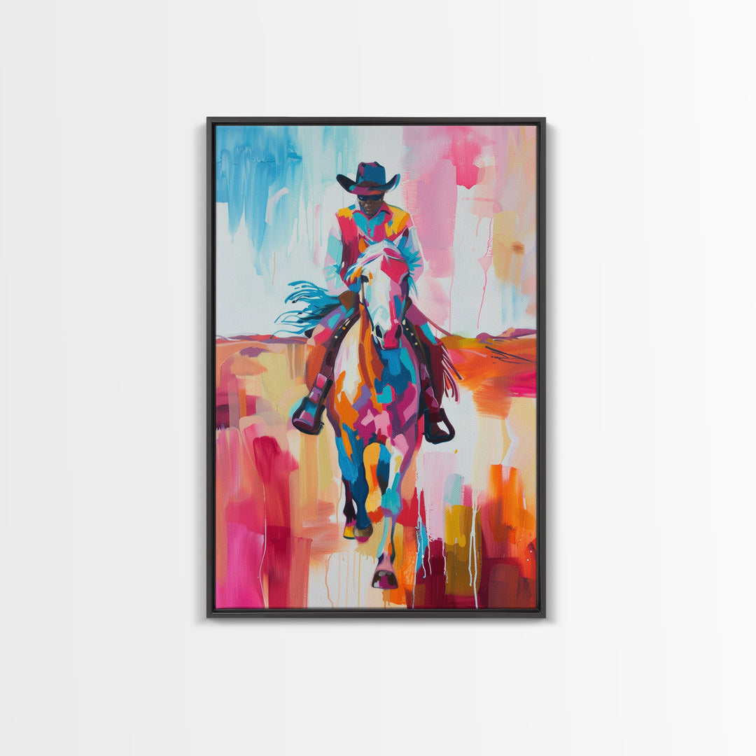 Colorful Cowboy on Horseback Art - Framed Canvas Print, Western Decor, Dynamic Living Room Wall Art, Horse Rider Artwork